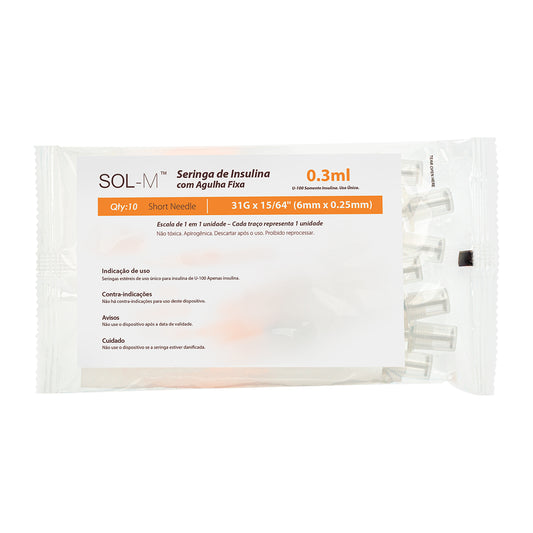 Seringa de Insulina 0,3ml com agulha fixa 0,25mm x 6mm (31G) Bag | SOL-M