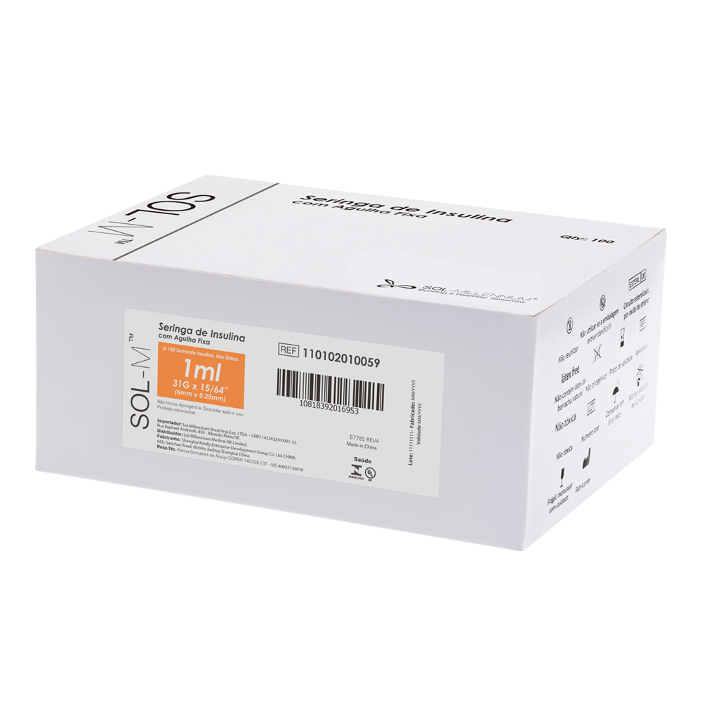 Seringa de insulina 100UI (1ml) com agulha fixa 0,25mm x 6mm (31G) Blister | SOL-M