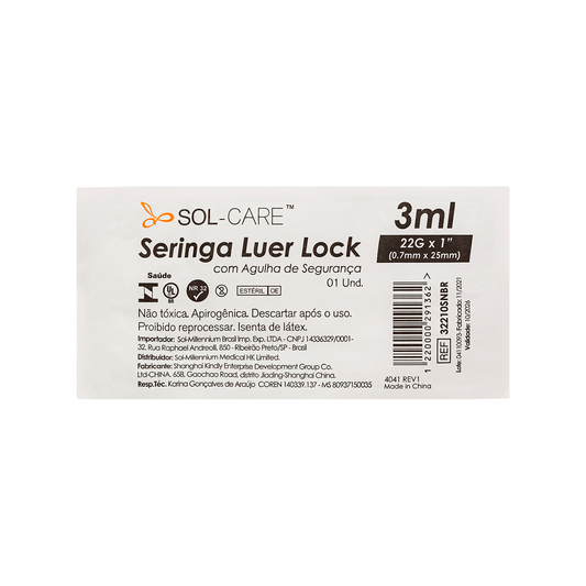 Seringa Luer Lock 3ml com Agulha de Segurança 25x0,7mm (22G*1) | SOL-CARE