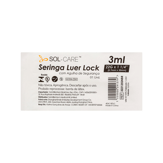 Seringa Luer Lock 3ml com Agulha de Segurança 30x0,7mm (22G*1 1/4) | SOL-CARE