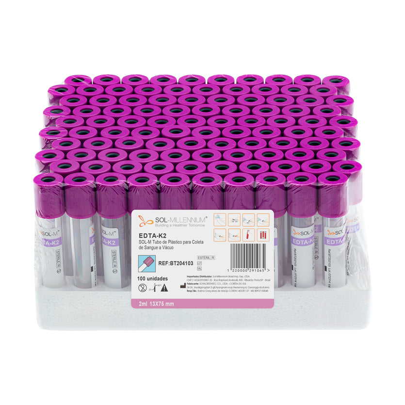 Tubo para Coleta de Sangue A Vácuo com K2 EDTA 2ml (13 x 75mm / Tampa Roxa) | SOL-M
