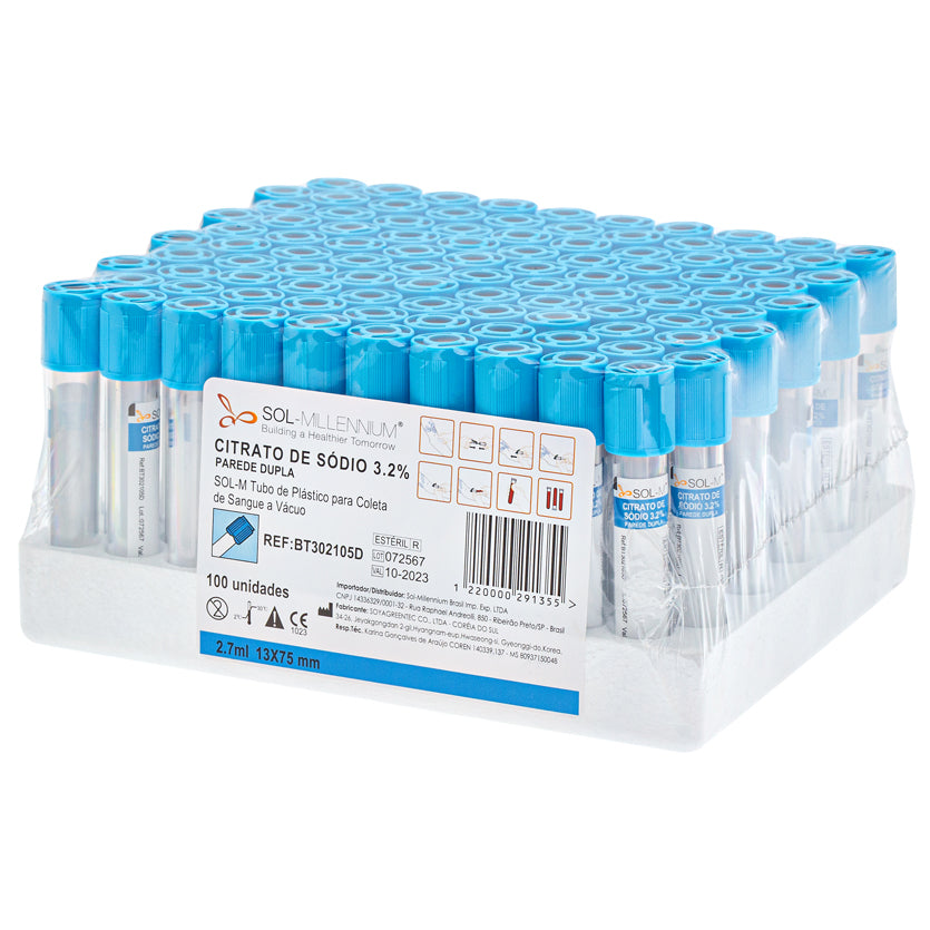 Tubo para Coleta de Sangue A Vácuo Parede Dupla com Citrato de Sódio 3,2% 2,7ml (13 x 75mm / Tampa Azul) | SOL-M