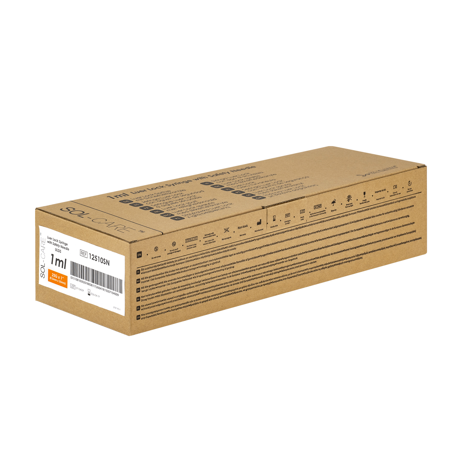 Seringa 1ml Luer Lock Zero Resíduo com Agulha de Segurança 25x0,5mm (25G*1) | SOL-CARE