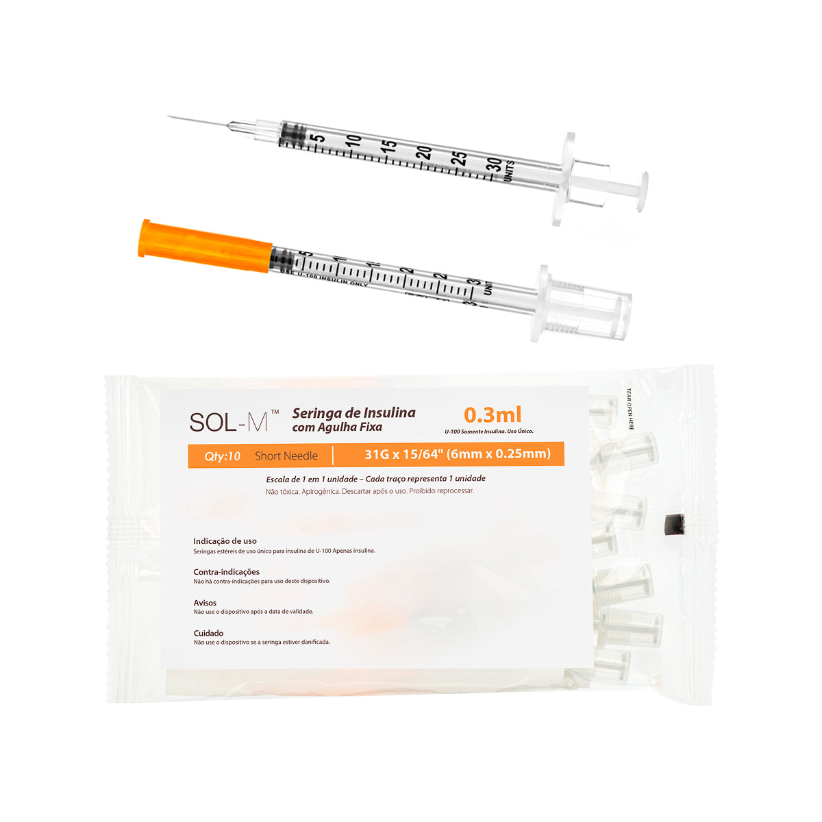 Seringa de Insulina 0,3ml com agulha fixa 0,25mm x 6mm (31G) Bag | SOL-M