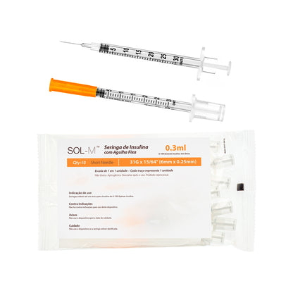 Seringa de Insulina 0,3ml com agulha fixa 0,25mm x 6mm (31G) Bag | SOL-M