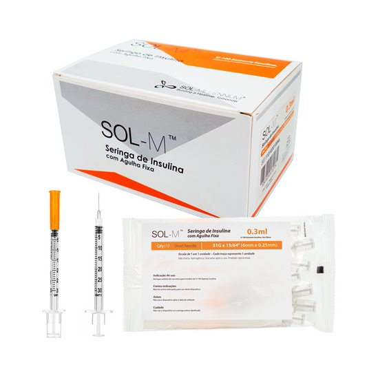 Seringa de Insulina 0,3ml com agulha fixa 0,25mm x 6mm (31G) Bag | SOL-M