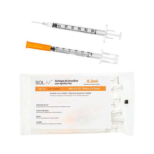 Seringa de insulina 0,3ml com agulha fixa 0,30mm x 8mm (30G) Bag | SOL-M