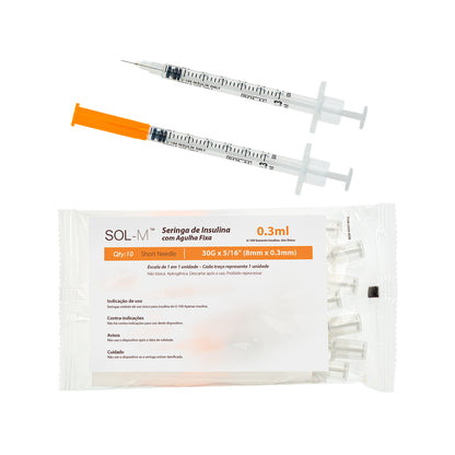 Seringa de insulina 0,3ml com agulha fixa 0,30mm x 8mm (30G) Bag | SOL-M
