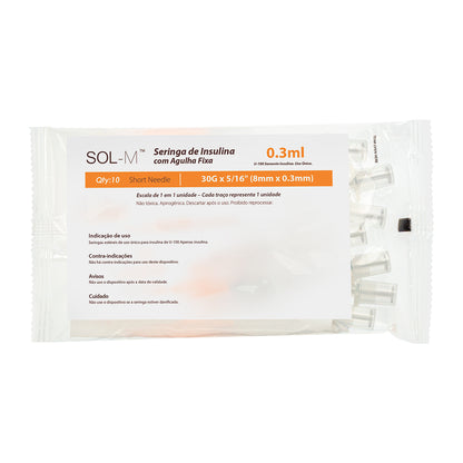 Seringa de insulina 0,3ml com agulha fixa 0,30mm x 8mm (30G) Bag | SOL-M