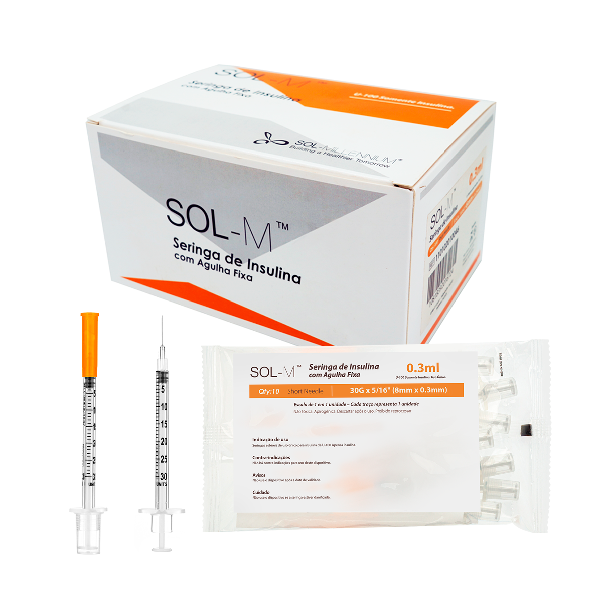 Seringa de insulina 0,3ml com agulha fixa 0,30mm x 8mm (30G) Bag | SOL-M
