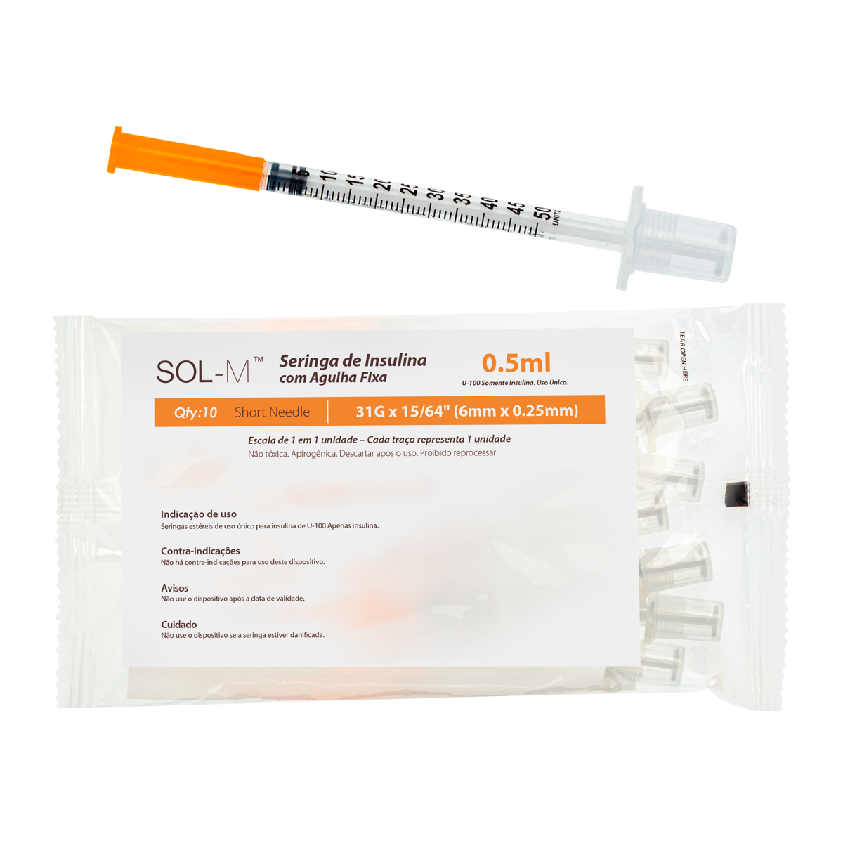 Seringa de insulina 50UI (0,5ml) com agulha fixa 0,25mm x 6mm (31G) Bag | SOL-M