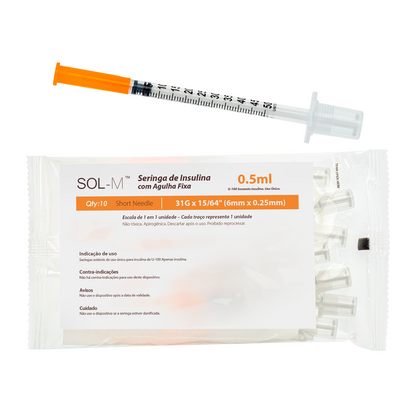 Seringa de insulina 50UI (0,5ml) com agulha fixa 0,25mm x 6mm (31G) Bag | SOL-M