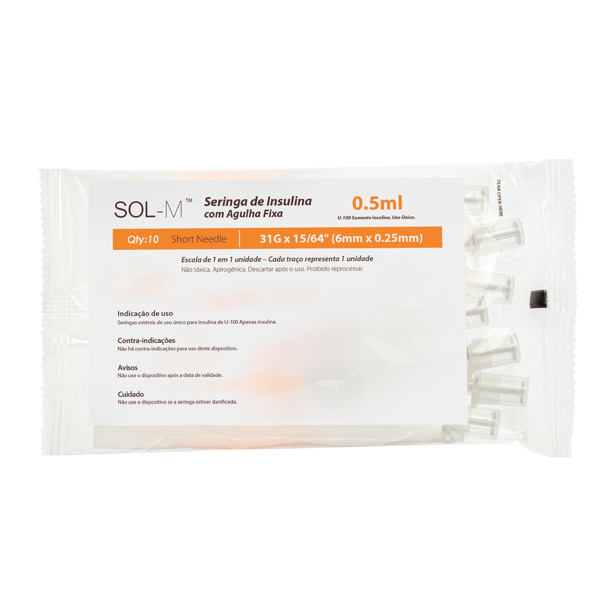 Seringa de insulina 50UI (0,5ml) com agulha fixa 0,25mm x 6mm (31G) Bag | SOL-M