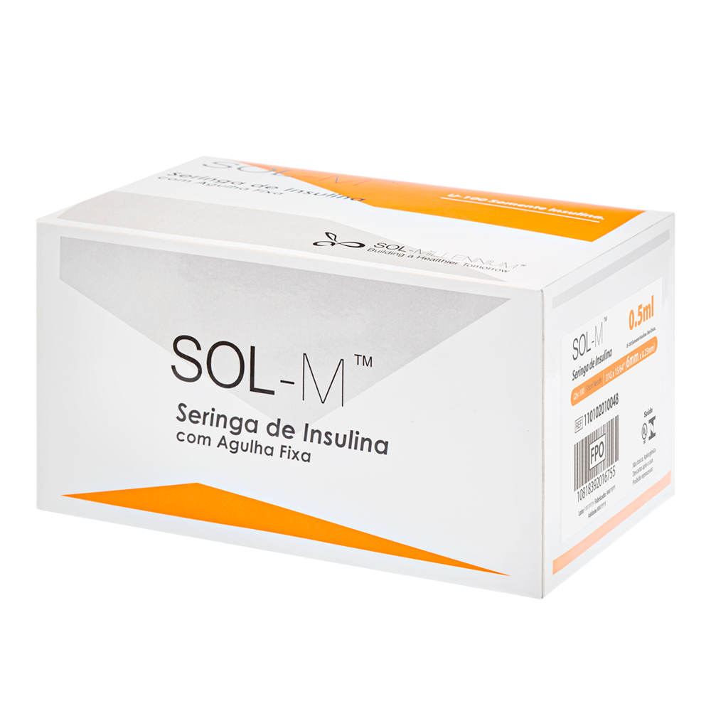 Seringa de insulina 50UI (0,5ml) com agulha fixa 0,25mm x 6mm (31G) Bag | SOL-M