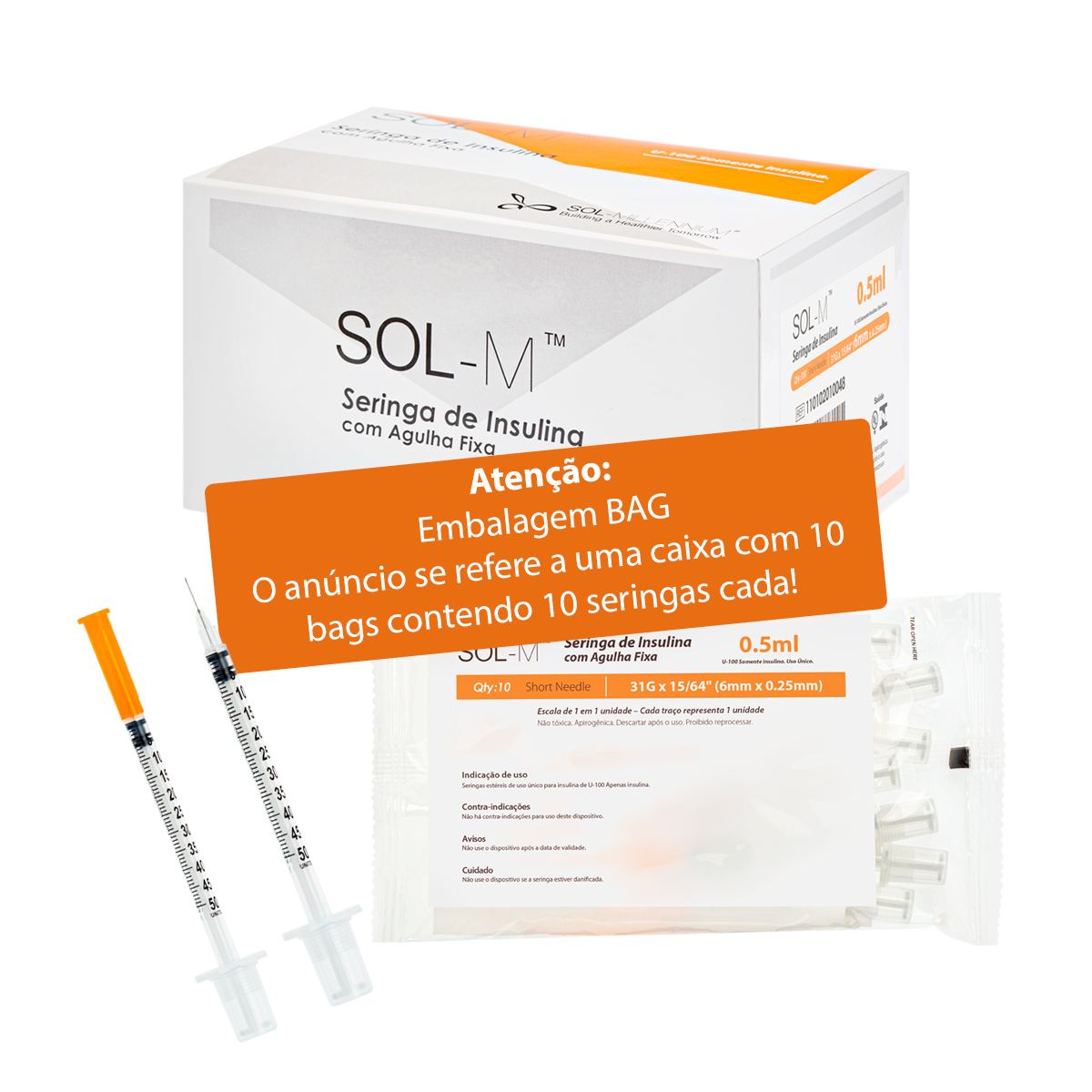 Seringa de insulina 50UI (0,5ml) com agulha fixa 0,25mm x 6mm (31G) Bag | SOL-M