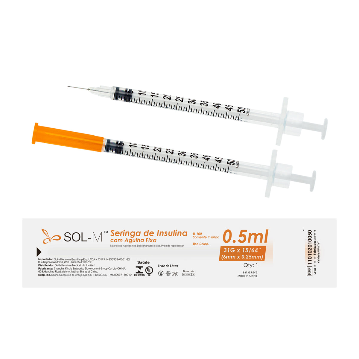 Seringa de insulina 50UI (0,5ml) com agulha fixa 0,25mm x 6mm (31G) Blister | SOL-M
