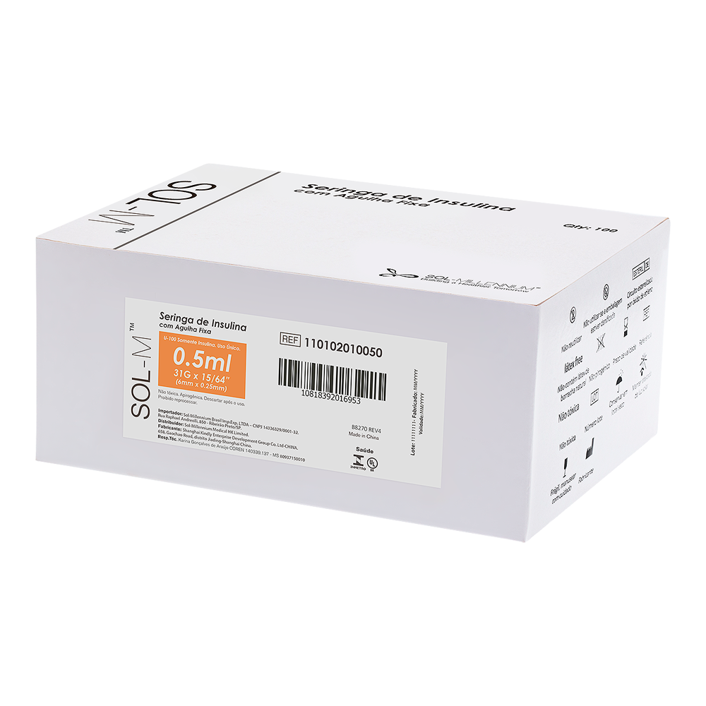 Seringa de insulina 50UI (0,5ml) com agulha fixa 0,25mm x 6mm (31G) Blister | SOL-M