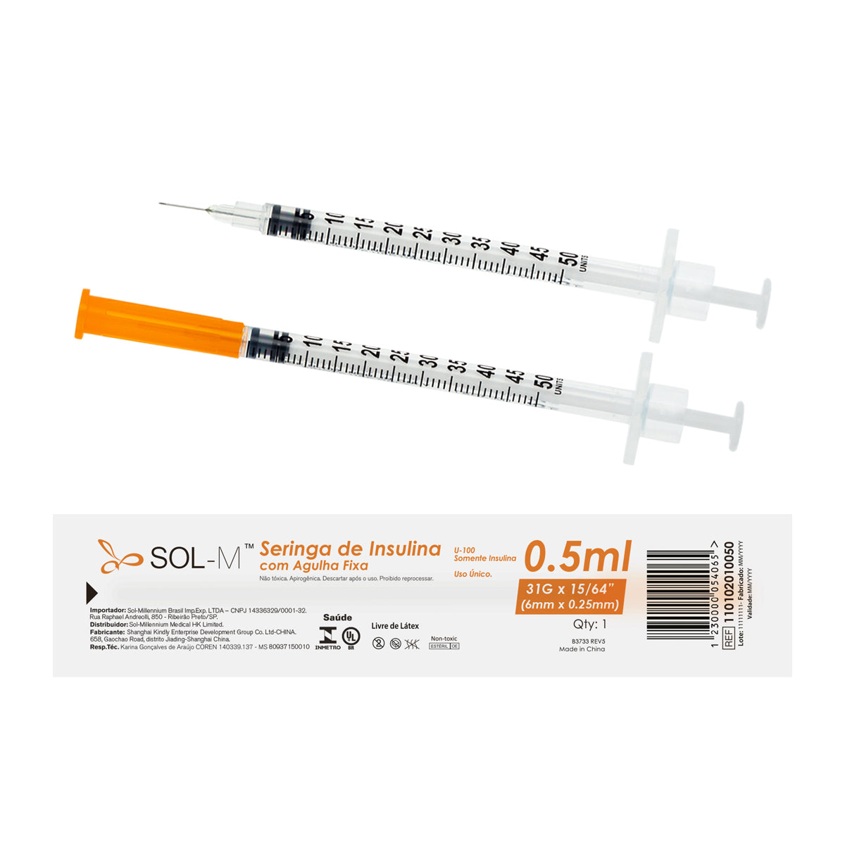 Seringa de insulina 50UI (0,5ml) com agulha fixa 0,25mm x 6mm (31G) Blister | SOL-M