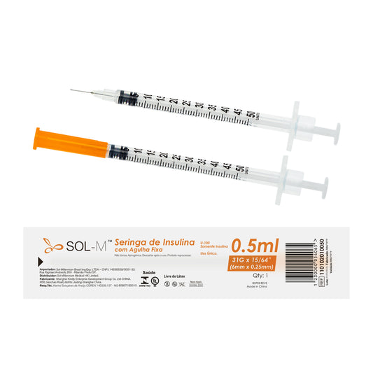 Seringa de insulina 50UI (0,5ml) com agulha fixa 0,25mm x 6mm (31G) Blister | SOL-M