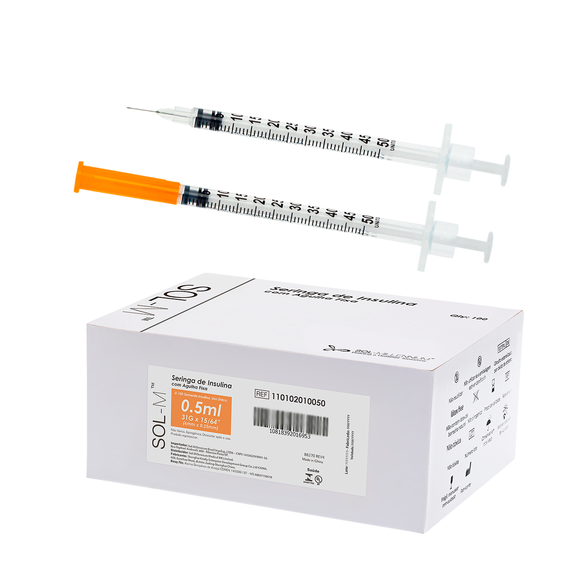 Seringa de insulina 50UI (0,5ml) com agulha fixa 0,25mm x 6mm (31G) Blister | SOL-M