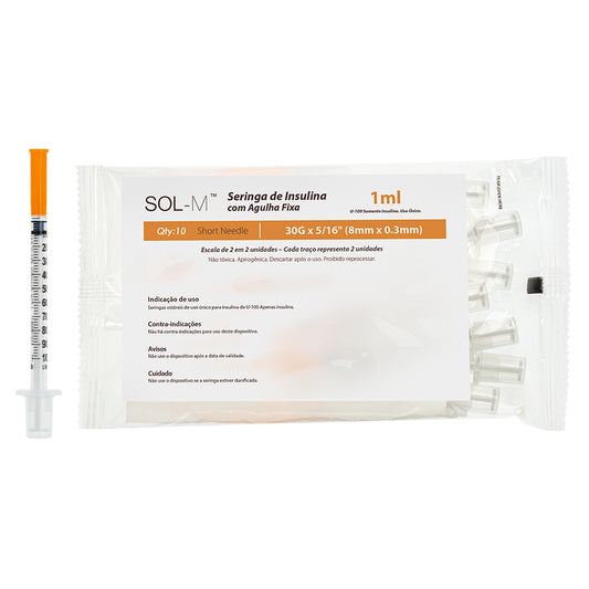 Seringa de insulina 100UI (1ml) com agulha fixa 0,30mm x 8mm (30G) Bag | SOL-M