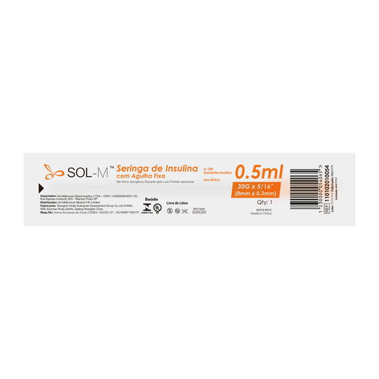 Seringa de insulina 50UI (0,5ml) com agulha fixa 0,30mm x 8mm (30G) Blister | SOL-M