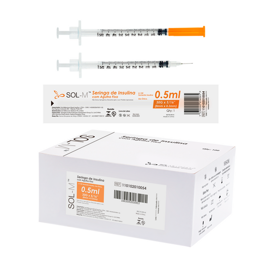Seringa de insulina 50UI (0,5ml) com agulha fixa 0,30mm x 8mm (30G) Blister | SOL-M