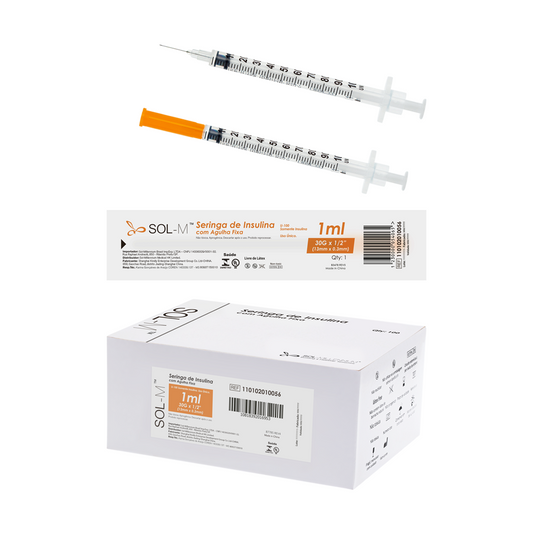 Seringa de insulina 100UI (1ml) com agulha fixa 0,30mm x 13mm (30G x 1/2) Blister | SOL-M
