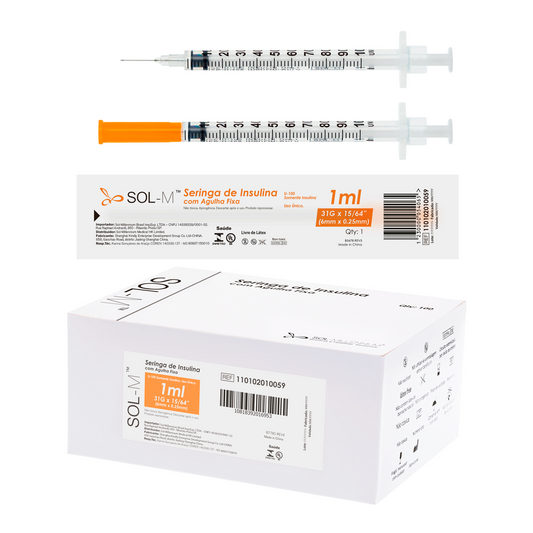 Seringa de insulina 100UI (1ml) com agulha fixa 0,25mm x 6mm (31G) Blister | SOL-M