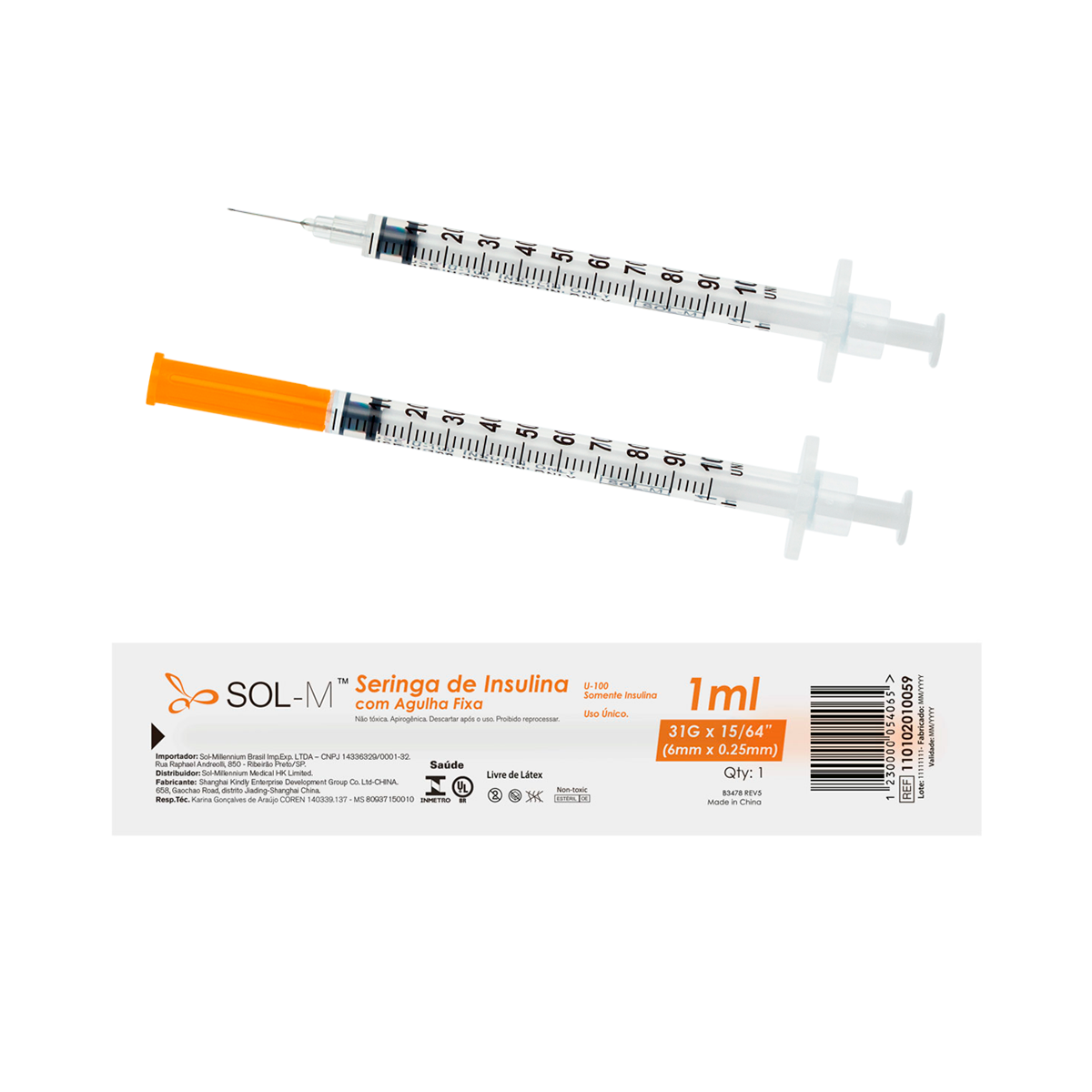 Seringa de insulina 100UI (1ml) com agulha fixa 0,25mm x 6mm (31G) Blister | SOL-M