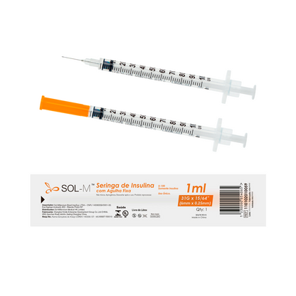 Seringa de insulina 100UI (1ml) com agulha fixa 0,25mm x 6mm (31G) Blister | SOL-M