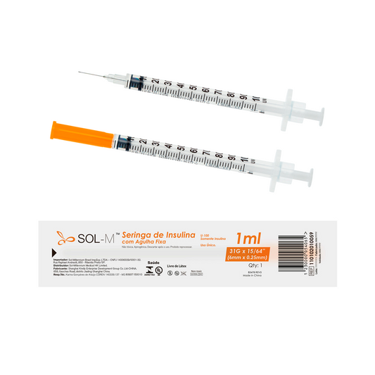 Seringa de insulina 100UI (1ml) com agulha fixa 0,25mm x 6mm (31G) Blister | SOL-M