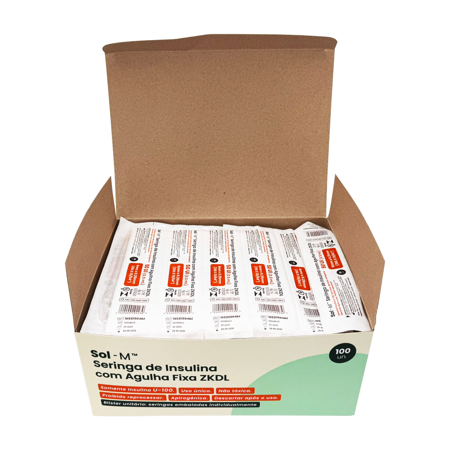 Seringa de insulina 50UI (0,5ml) com agulha fixa 0,25mm x 6mm (31G) Blister | SOL-M