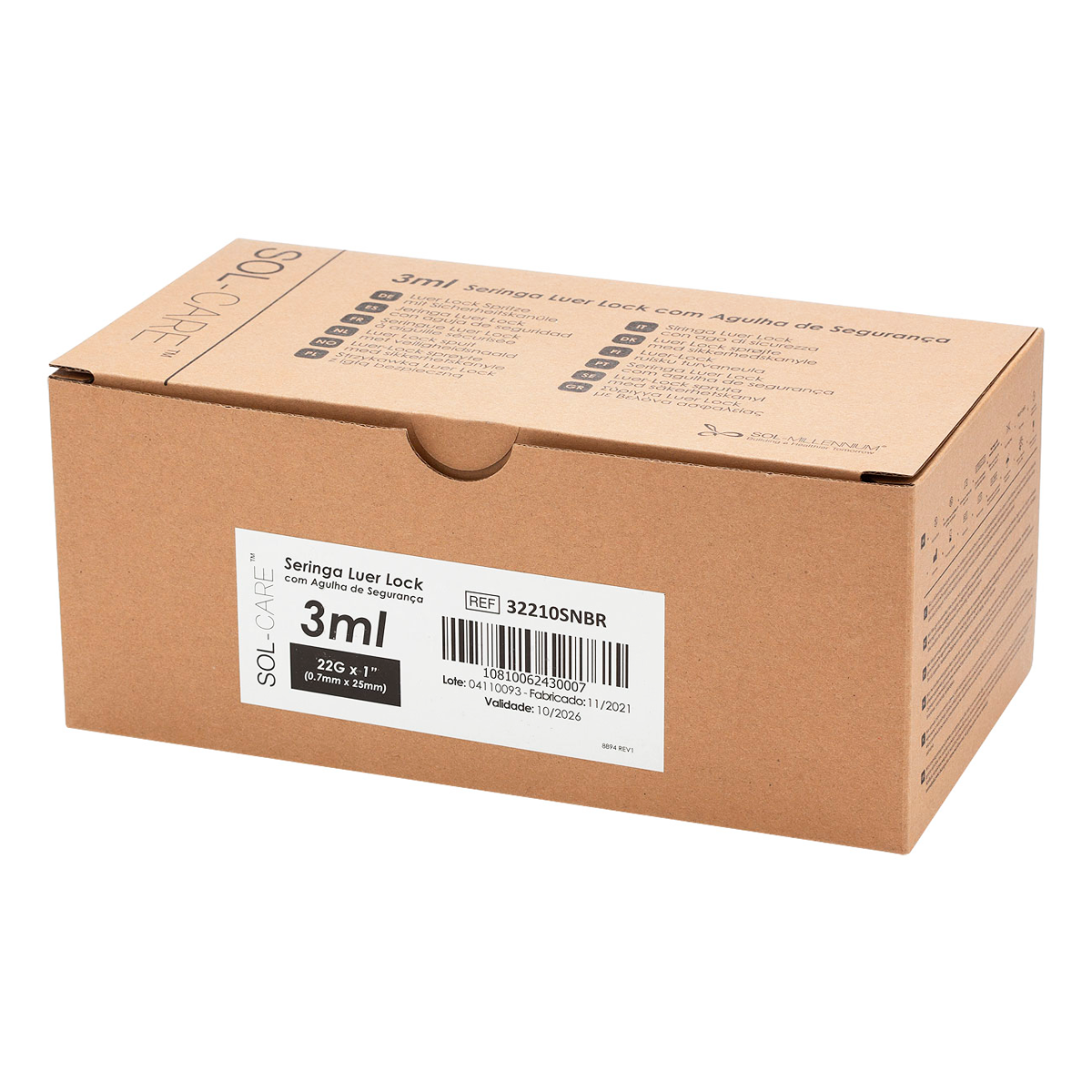 Seringa Luer Lock 3ml com Agulha de Segurança 25x0,7mm (22G*1) | SOL-CARE