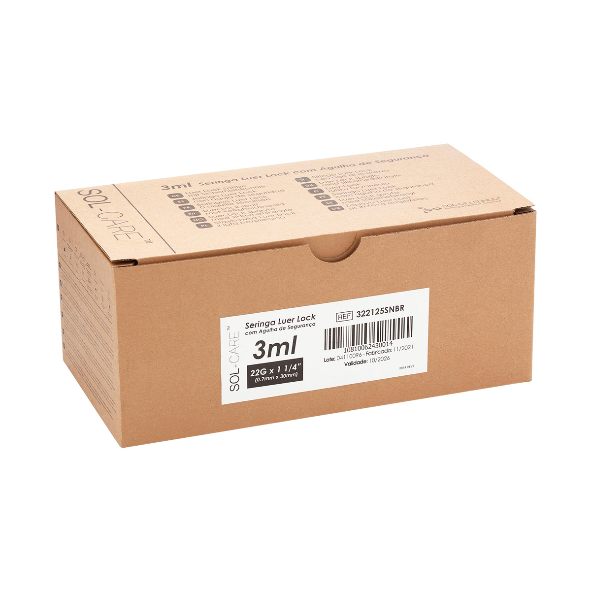 Seringa Luer Lock 3ml com Agulha de Segurança 30x0,7mm (22G*1 1/4) | SOL-CARE