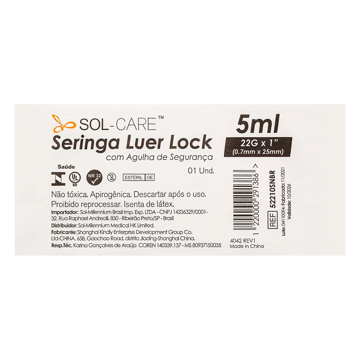 Seringa Luer Lock 5ml com Agulha de Segurança 25x0,7mm (22G*1) | SOL-CARE