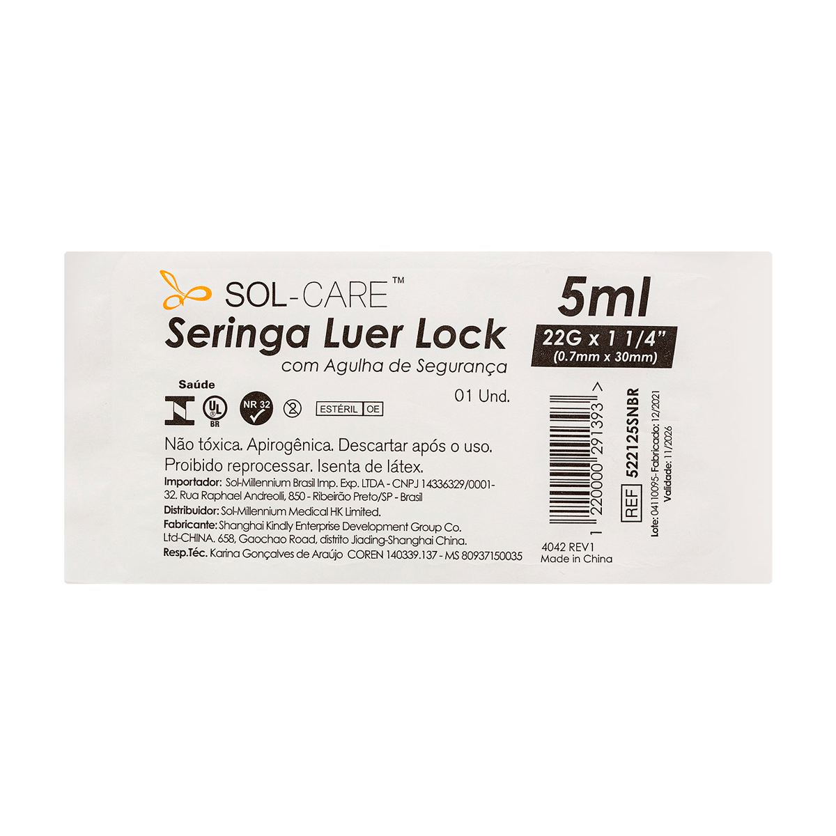 Seringa Luer Lock 5ml com Agulha de Segurança 30x0,7mm (22G*1 1/4) | SOL-CARE