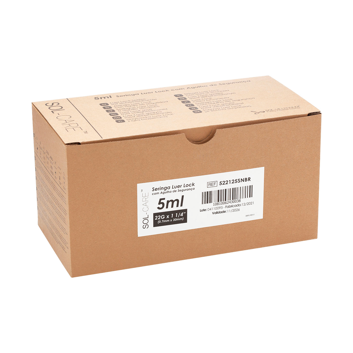 Seringa Luer Lock 5ml com Agulha de Segurança 30x0,7mm (22G*1 1/4) | SOL-CARE