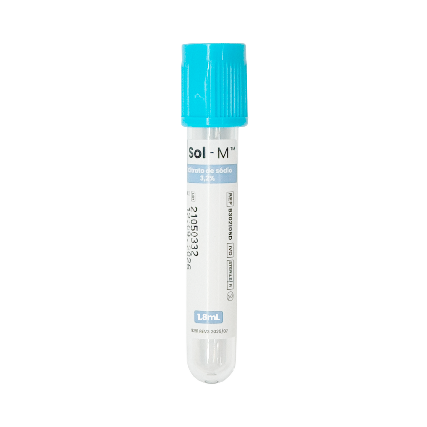 Tubo para Coleta de Sangue a Vácuo com Parede Dupla – Citrato de Sódio 3.2% - Tampa Azul 1.8 | SOL-M