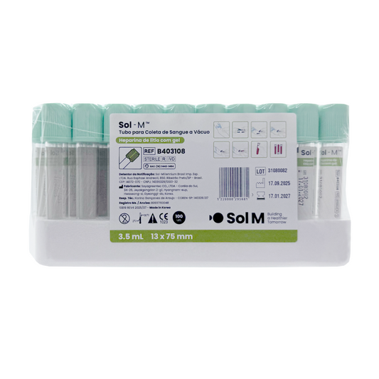 Tubo para Coleta de Sangue a Vácuo – Heparina de Lítio com Gel - Tampa Verde Claro 3.5ml | SOL-M