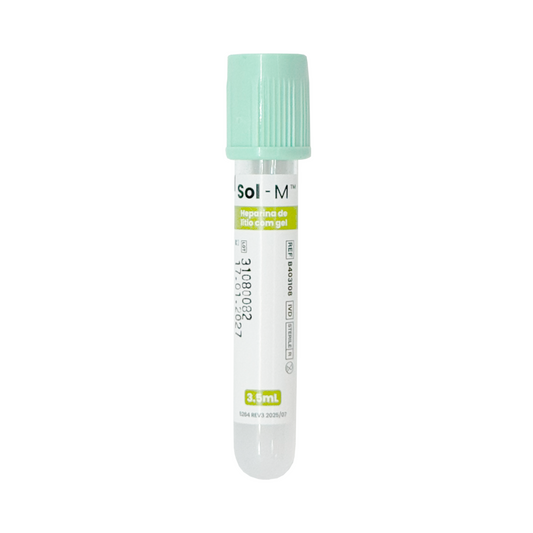 Tubo para Coleta de Sangue a Vácuo – Heparina de Lítio com Gel - Tampa Verde Claro 3.5ml | SOL-M