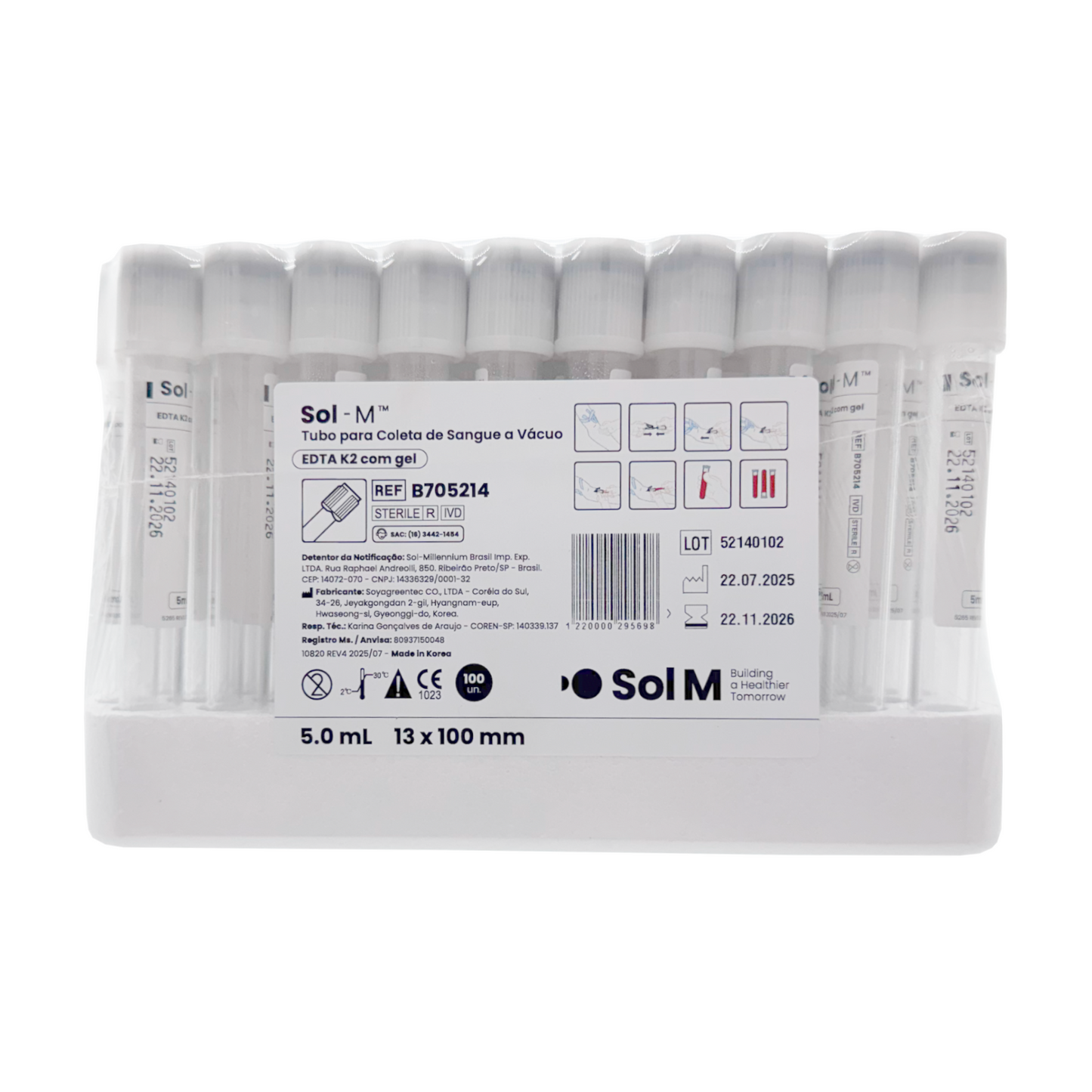 Tubo para Coleta de Sangue a Vácuo – EDTA K2 com Gel - Tampa Branca 5ml | SOL-M