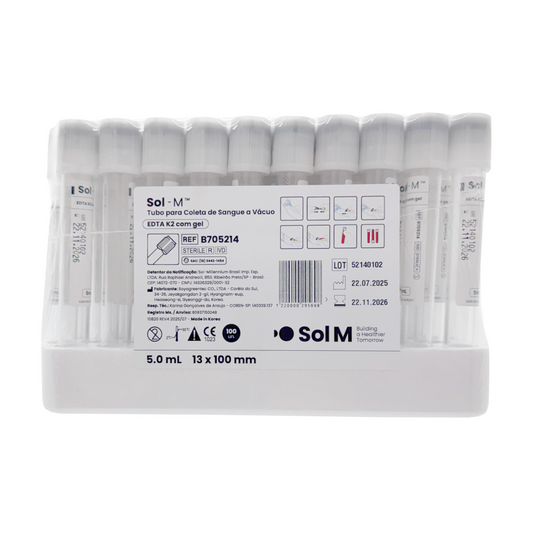 Tubo para Coleta de Sangue a Vácuo – EDTA K2 com Gel - Tampa Branca 5ml | SOL-M