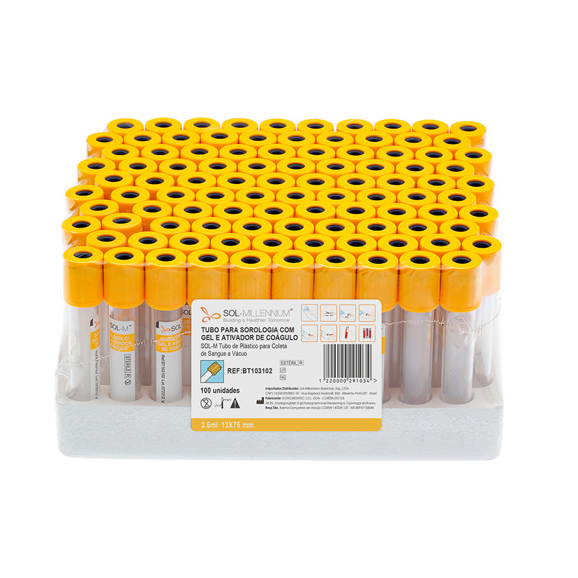 Tubo para Coleta de Sangue A Vácuo com Acelerador de Coágulo e Gel 3,5ml (13 x 75mm / Tampa Amarela) | SOL-M