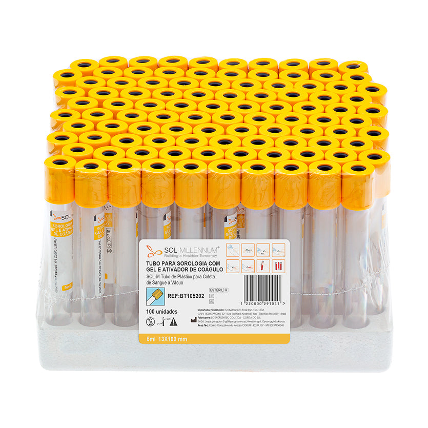 Tubo para Coleta de Sangue A Vácuo com Acelerador de Coágulo e Gel 5ml (13 x 100mm / Tampa Amarela) | SOL-M