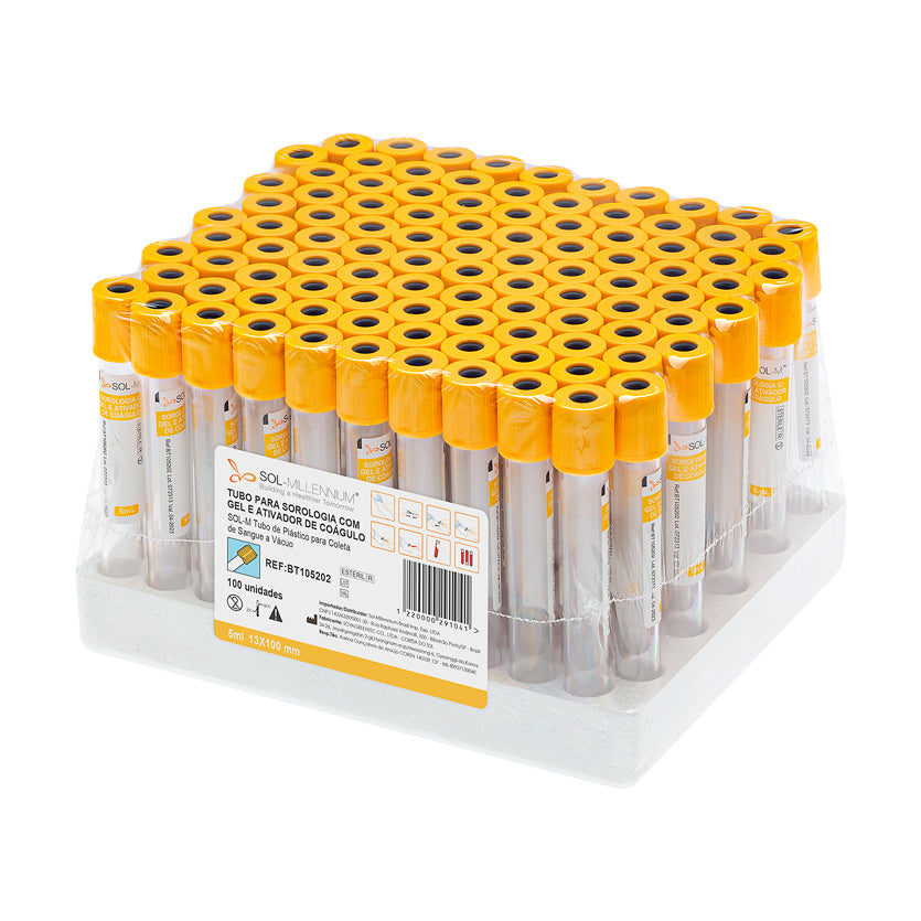 Tubo para Coleta de Sangue A Vácuo com Acelerador de Coágulo e Gel 5ml (13 x 100mm / Tampa Amarela) | SOL-M