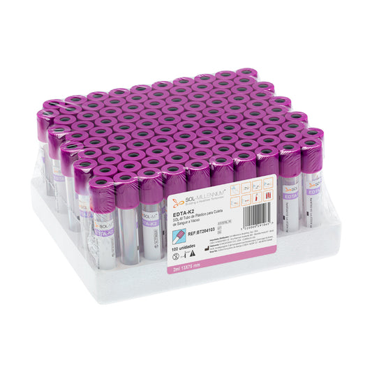 Tubo para Coleta de Sangue A Vácuo com K2 EDTA 2ml (13 x 75mm / Tampa Roxa) | SOL-M