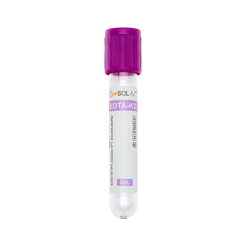 Tubo para Coleta de Sangue A Vácuo com K2 EDTA 2ml (13 x 75mm / Tampa Roxa) | SOL-M