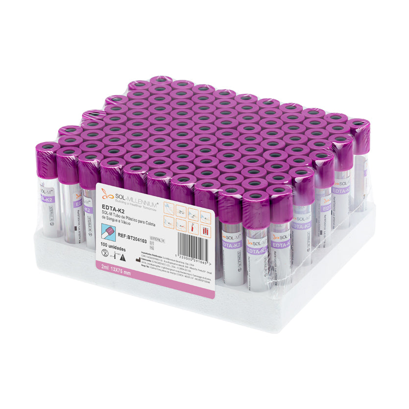 Tubo para Coleta de Sangue A Vácuo com K2 EDTA 2ml (13 x 75mm / Tampa Roxa) | SOL-M
