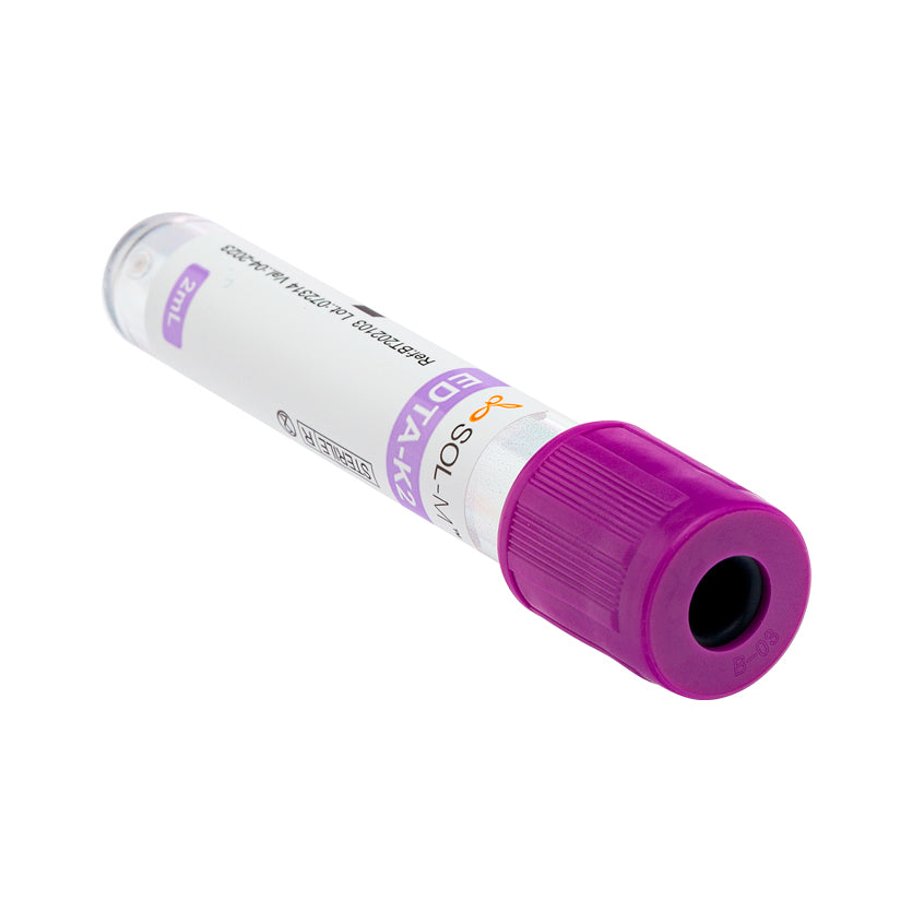 Tubo para Coleta de Sangue A Vácuo com K2 EDTA 2ml (13 x 75mm / Tampa Roxa) | SOL-M